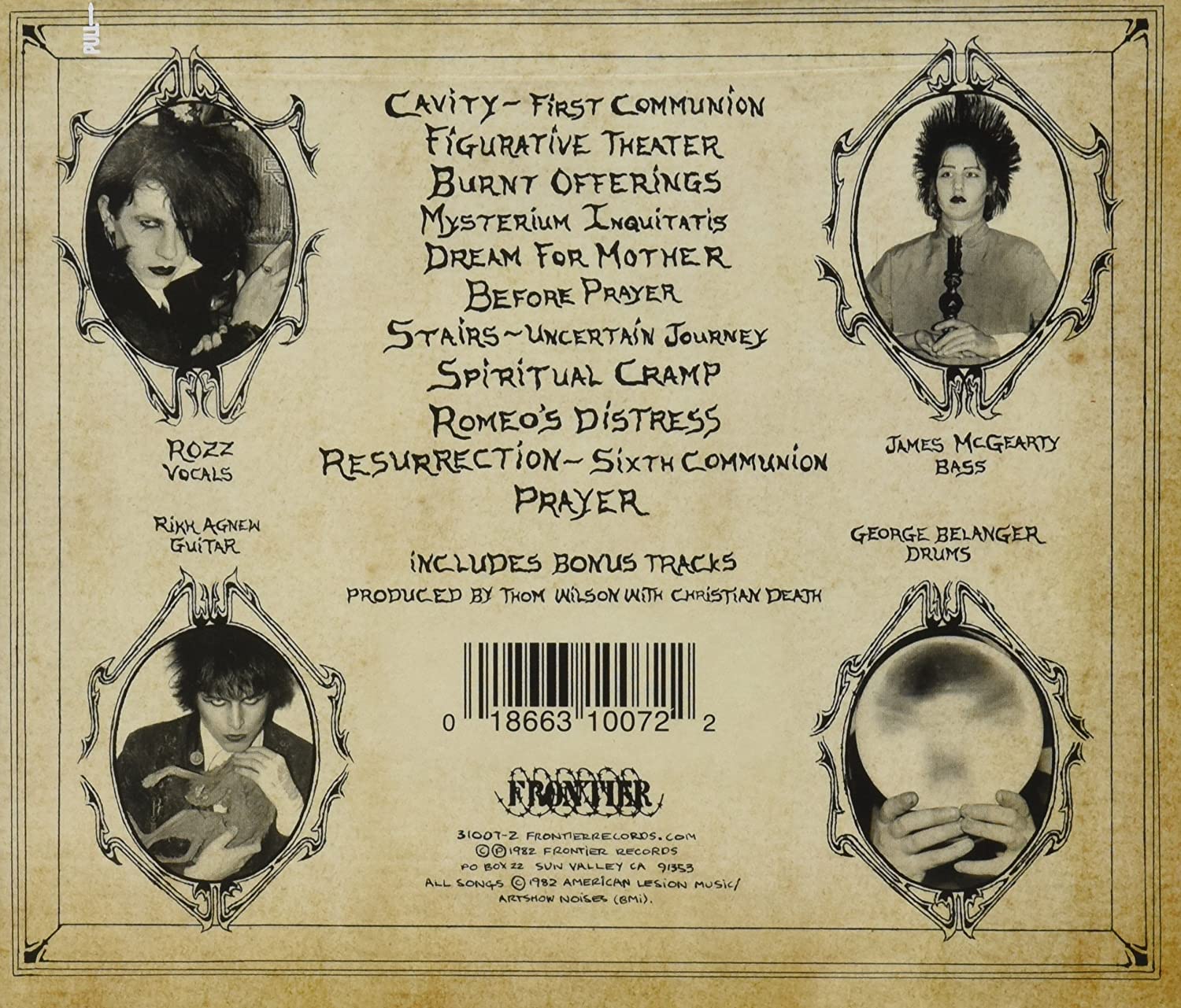 Album artwork for Christian Death's Only Theatre of Pain showing the 4 band members and the tracklisting.