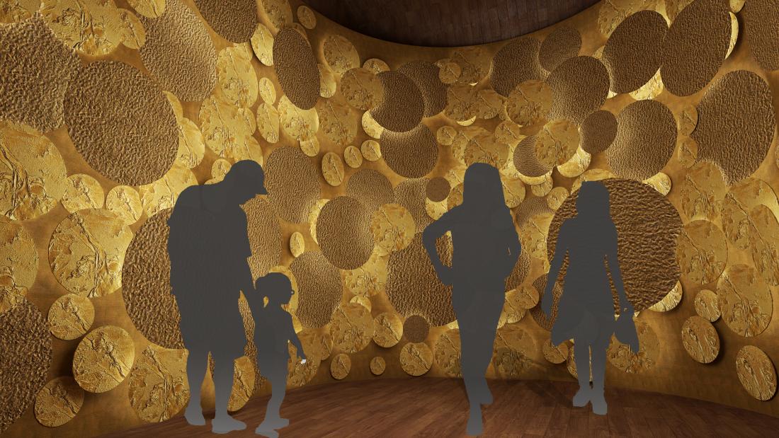 An artist's impression of how Ghana's pavilion will look. There are textured gold and beige looking circles applied to a curved wall, with silhouettes of people engaging with the work.