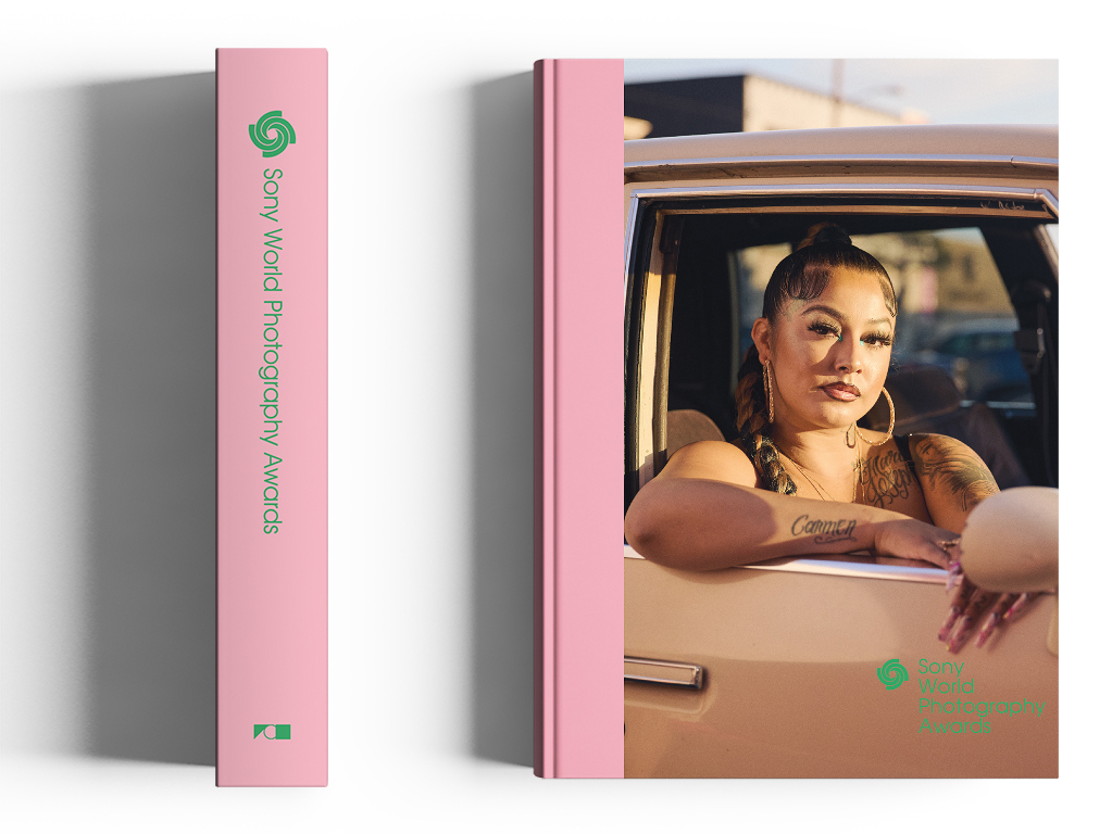 The front cover of the SWPA 2024 catalogue is shown with a woman sat in a car, the window wound down as she gazes out. To the left is how the book's spine looks, green text on pink cloth.