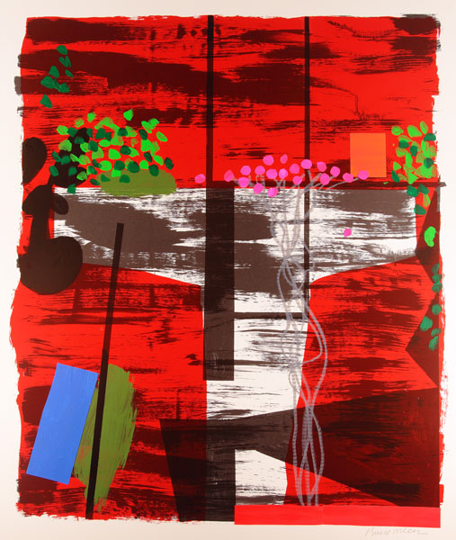 An abstract print predominantly in red by artist Bruce McLean