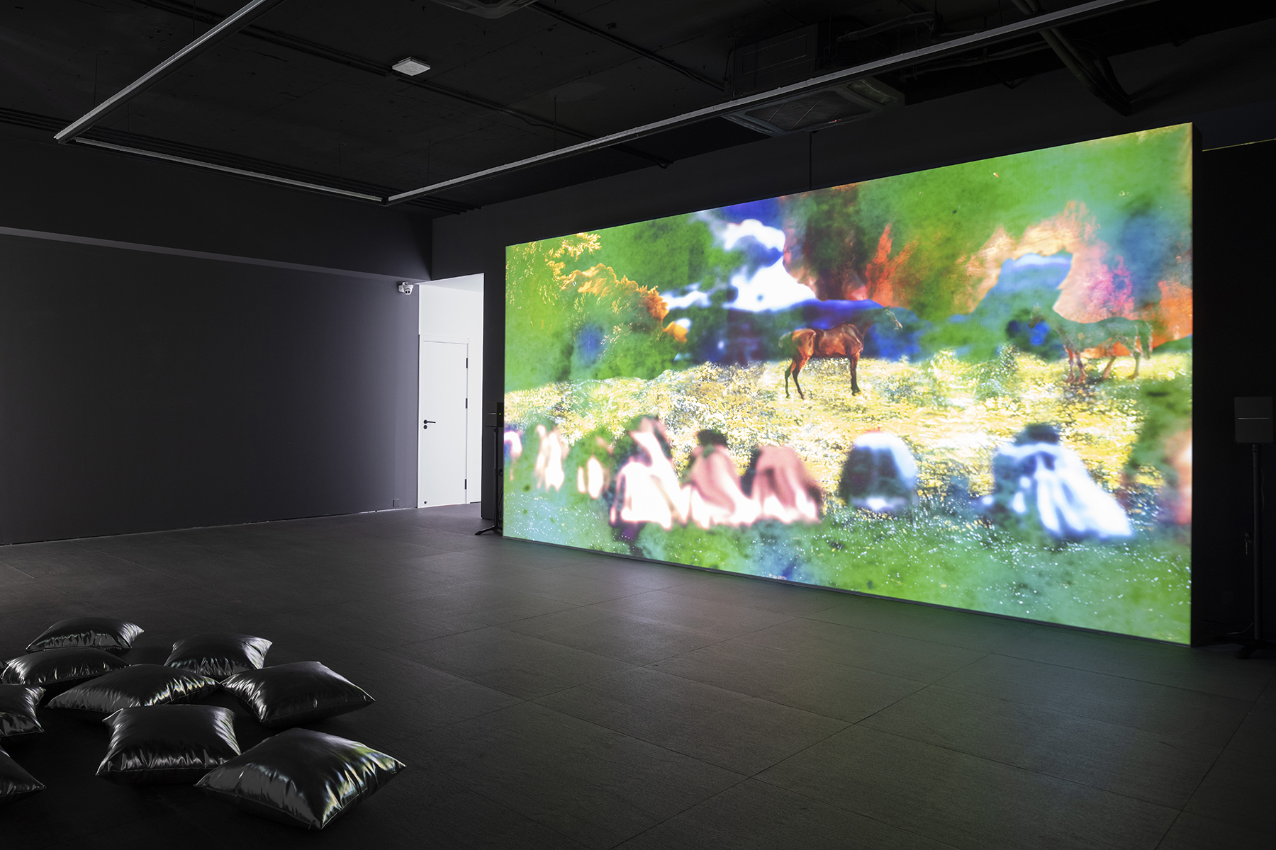 Close, Closer (2020-21) installation shot, showing an image of horses being projected on a screen and some black cushions in the corner