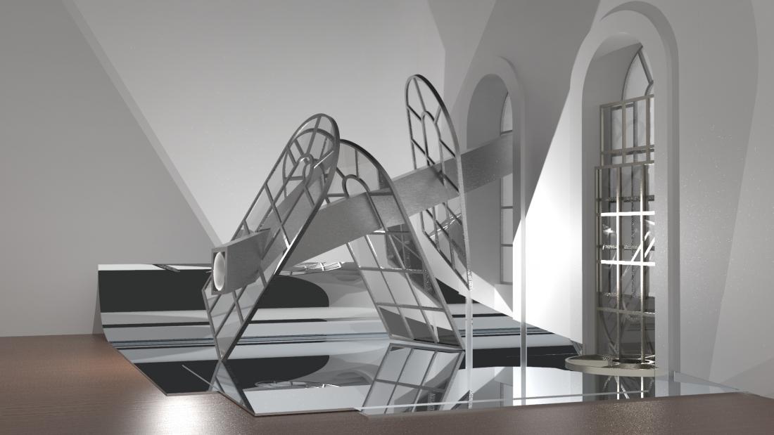An artist's impression of Czech Republic's Planes of Perception, depicting windows at different angles in a gallery space.