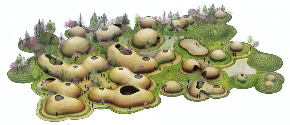 An artist's impression of an imaginary settlement of people living in  a green utopia, and round buildings made up of earth.