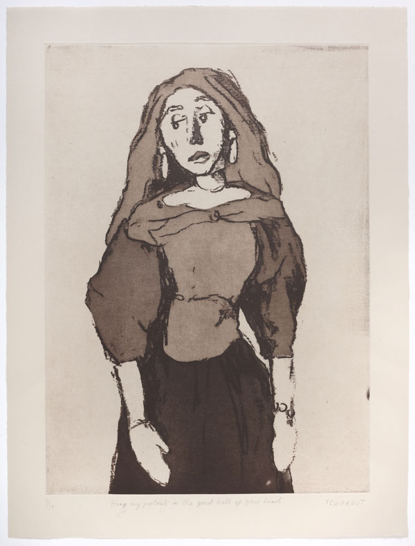 A mono colour print by artist Liorah Tchiprout shows a yougn woman with long hair with her eyes cast downwards