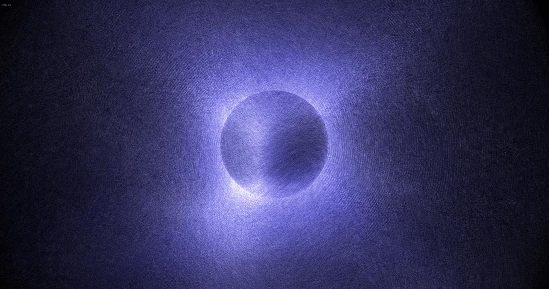 A visualisation of sound. A white circle sits at the centre of a blue rectangular scape, darkening at the borders.