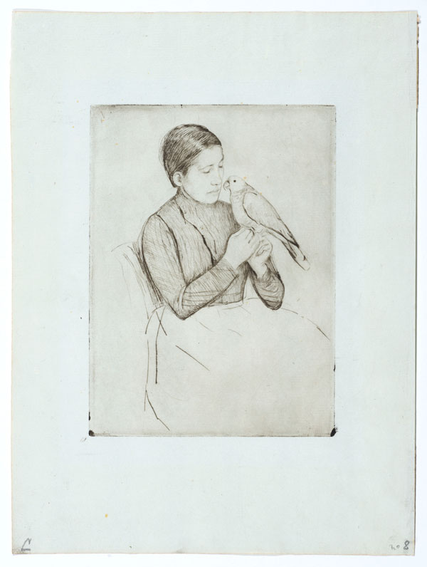 An illustration by artist Mary Cassat shows a seated Victorian woman holding a parrot