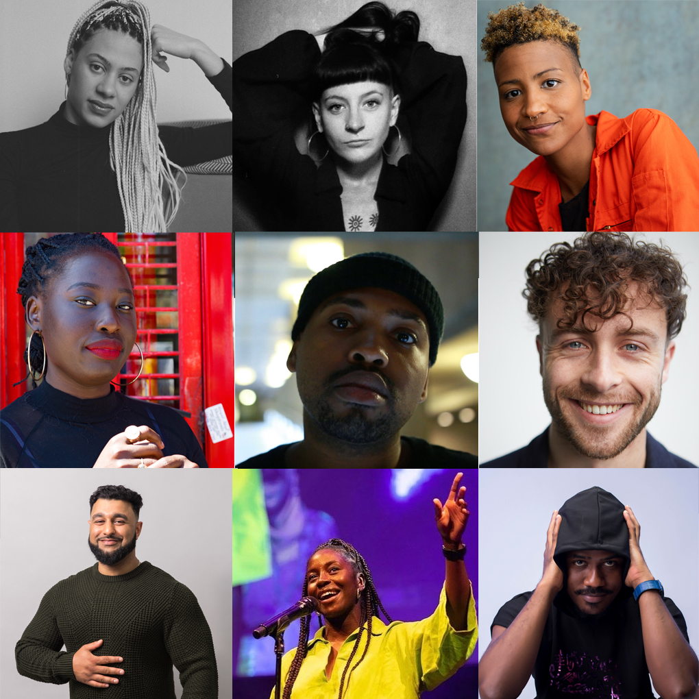 A collage photo of the participating poets in the RAP Party - Esme Allman, Ollie O'Neill, Jess Murrain, Bridget Minamore, Kareem Parkins-Brown, Ben Norris, Asim the Poet, Lola Oh and Chika Jones