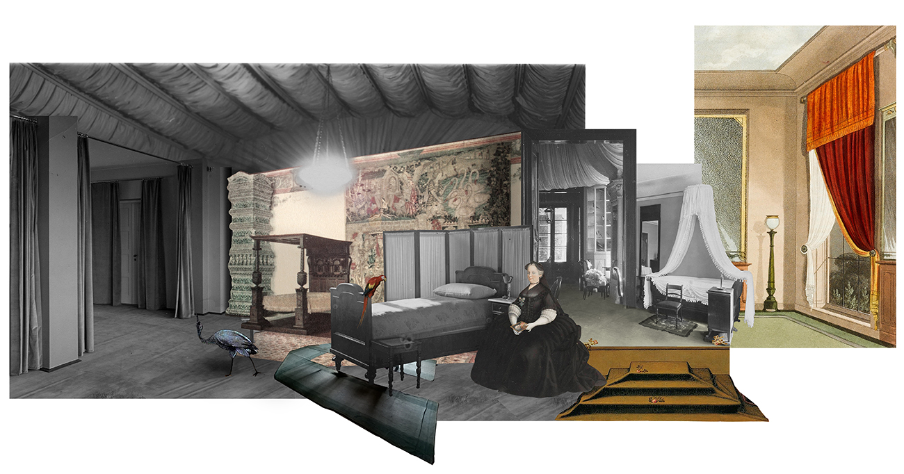 A collage by Simone De Iacobis for the Polish Pavilion, Depicting a woman wearing a flowing period dress and headpiece, while sat by a bed in a room draped with curtains and other household items.