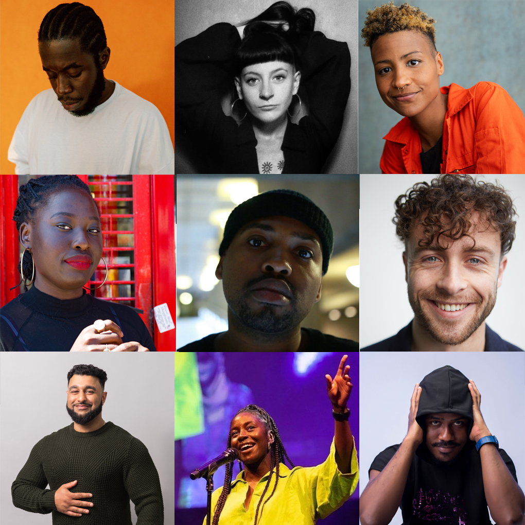 A collage photo of the particiapting poets in the RAP Party - Jeremiah Brown, Ollie O'Neill, Jess Murrain, Bridget Minamore, Kareem Parkins-Brown, Ben Norris, Asim the Poet, Lola Oh and Chika Jones