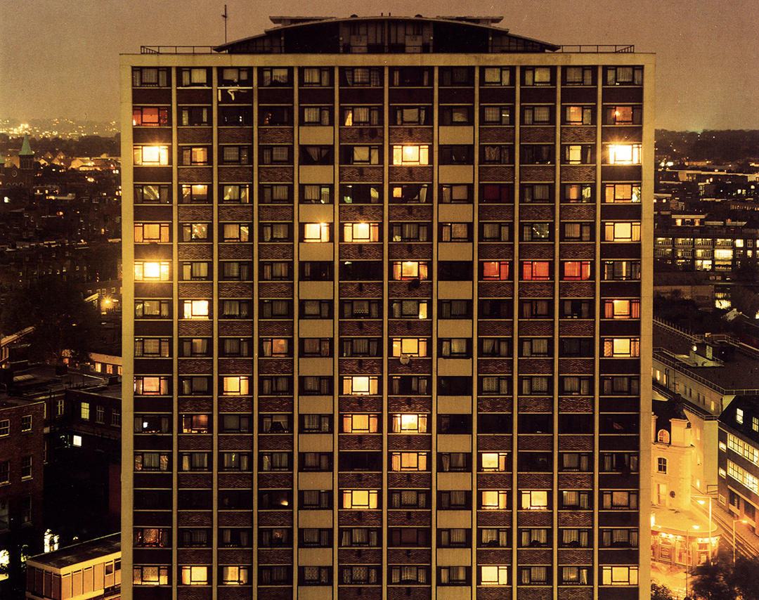 A London tower block at night photographed by Rut Blees Luxemburg