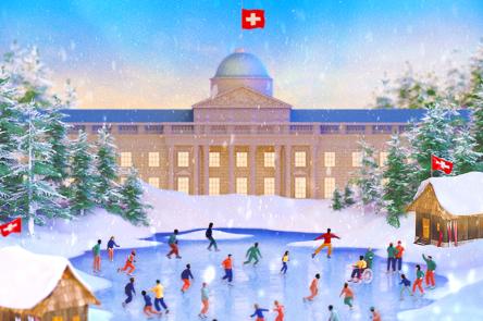 A digital graphic illustration of people ice skating in front of Somerset House. The building has been transported to a uniquely Swiss environment, with clear blue skies and mountains in the background.