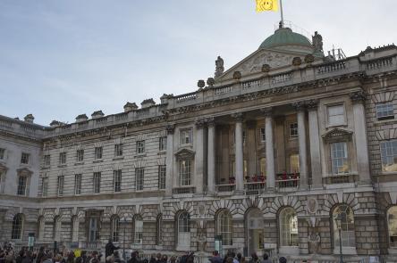 A flag designed by Jeremy Deller and Fraser Muggeridge studio is raised to the top of Somerset House as UTOPIA 2016 launches