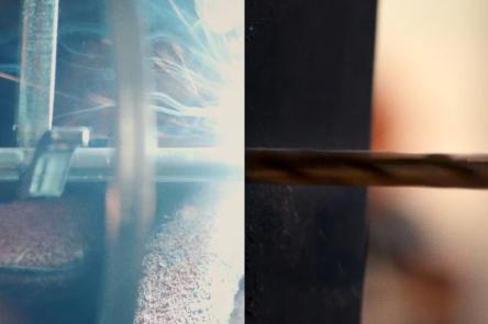 Two different shots pieced together side by side. On the right hand side is a drill bit going into hard and dark surface. On the left is another tool, matching perfectly with the drill bit. From the tool are sparks of light and movement.