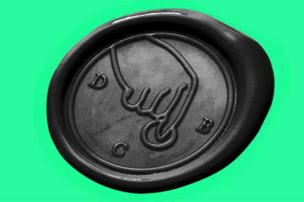 A promotional image for Dead Cat Bounce. A black wax seal depicting a finger pushing a button. Around the image are the letters D C and A. This is presented on a mint green background.