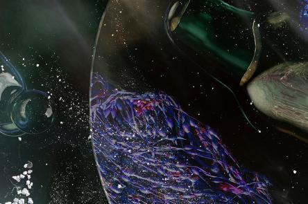 Nella Aarne: Notes on our Collective Cosmoecological Body image A digital rendering of an abstract, liquid state. On a dark background there are bubbles and purple blue shapes and white petal-like shapes.