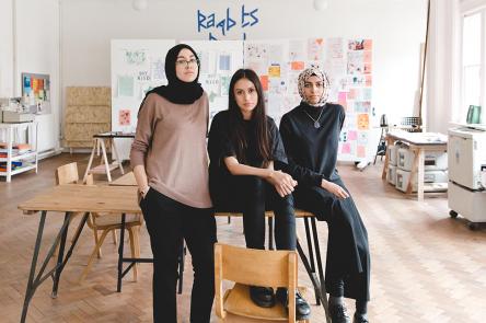 a photo of Rose Nordin, Sofia Niazi and Heiba Lamara (OOMK) in their studio at Somerset House