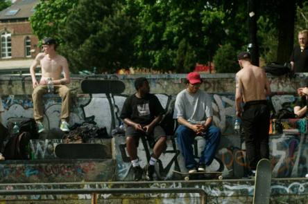 Only In Dev film still shows a skate park in Sheffield with a group of skaters hanging out