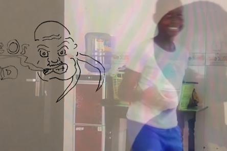 A photo of a young boy smiling, with a second exposure of a boy looking downwards, and angled to the right. Superimposed on these two images is a drawing of a face smoking, whilst wearing a durag. Next to the drawing are the words 'Piece of Mind'