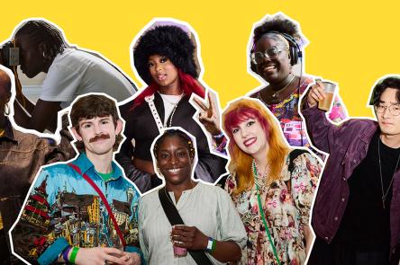 Collaged graphic of previous attendees to Upgrade Yourself events, smiling and looking happy on a bright yellow background.