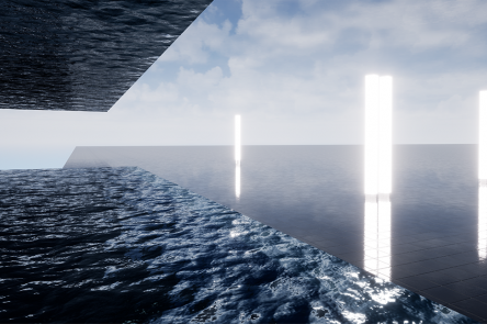 A digital render from a film made by Vivienne Griffin. There is a blue sky with clouds. Underneath it are 4 white sticks of light, reflected in water beneath them. To the left are angular sections of rippled water.