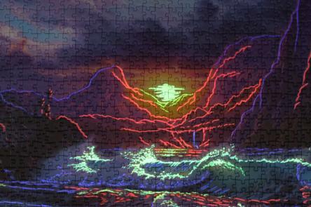 A photo of a kitsch jigsaw puzzle depicting waves, mountains and a setting sun in deep colours of blue, purple, pink.