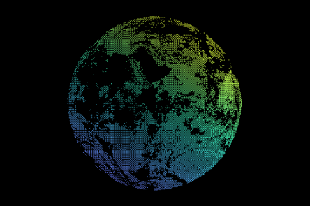 A graphic of the Earth made with pixel-like shape in a colour gradient that moves from yellow to blue across the globe, on a background of black.