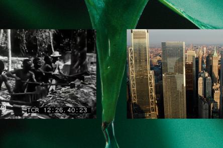A still from the We Are History short film. 2 images are placed side by side, overlaying an image of a green plant. 1 shows a group of Black men working hard labour. 2 shows a city with countless highrise buildings and no greenery. 