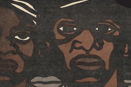 A graphic illustration of three men, taken from the cover of the book 'The Revolutionary Art of Emory Douglas'