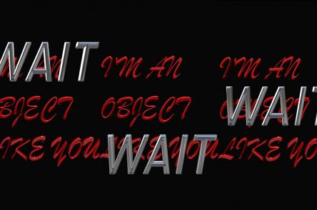 An image with a black background and words in red and silver that say 'I'm an object like you' and 'Wait'