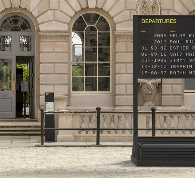 An artist's impression of the Departures board in the courtyard at Somerset House