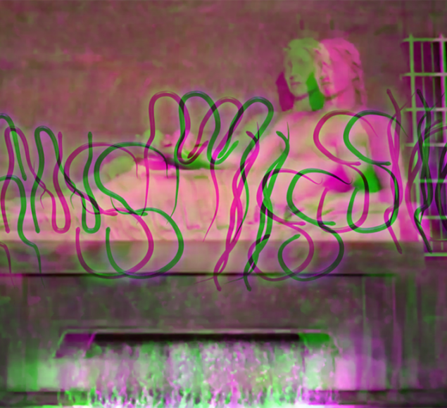 Photo of a statue of a reclining figure with a digital glitch  and the word 'Transmissions ' overlaid