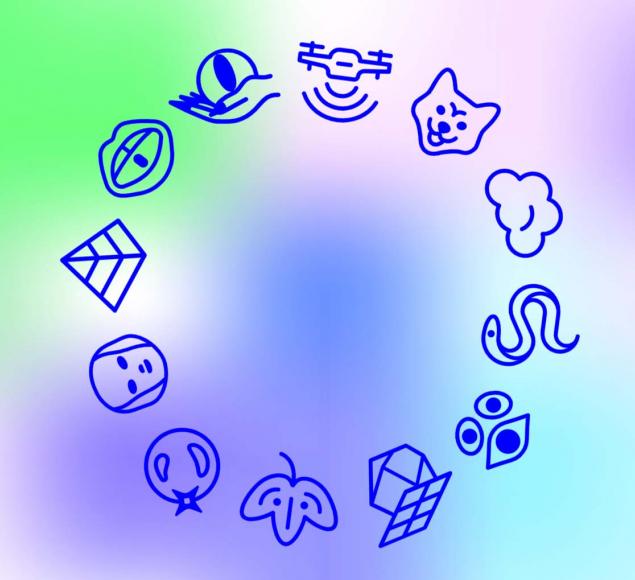 A designed graphic for New Mystics. Symbols such as a wolf, clouds, a snake, a leaf, a pyramid and lips are displayed in a circle on a colourful gradient background of green and blue.