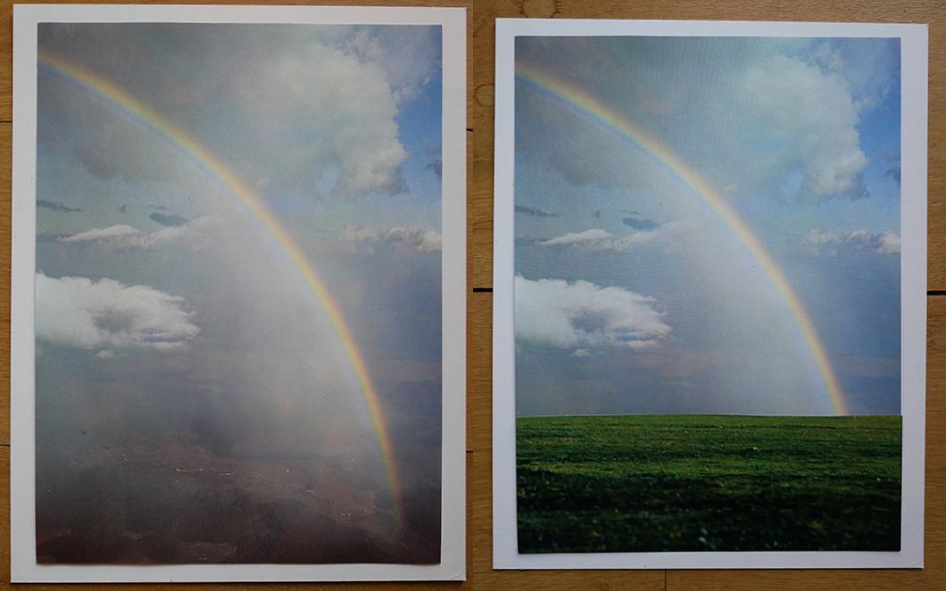 A collaged landscape with a rainbow