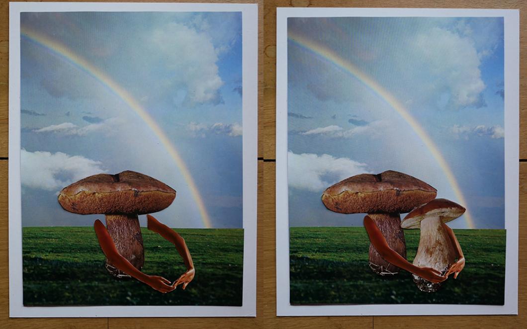 Collaged landscape with mushroom figure
