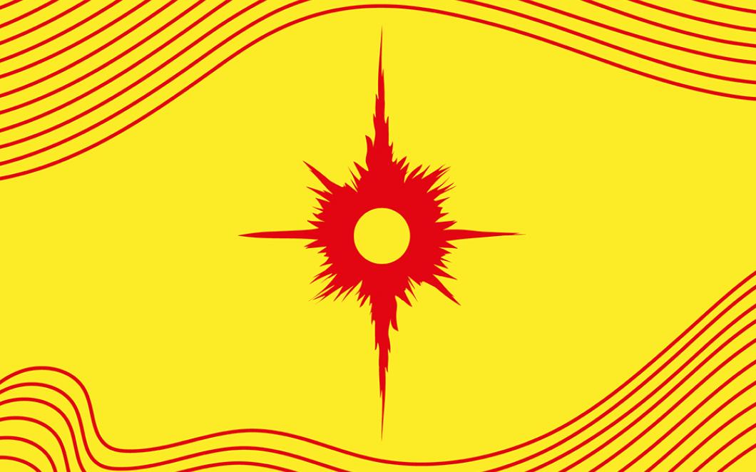 The Future Producers flag. A red sun shape at the centre of a yellow rectangle, with red squiggles to the left and right borders.
