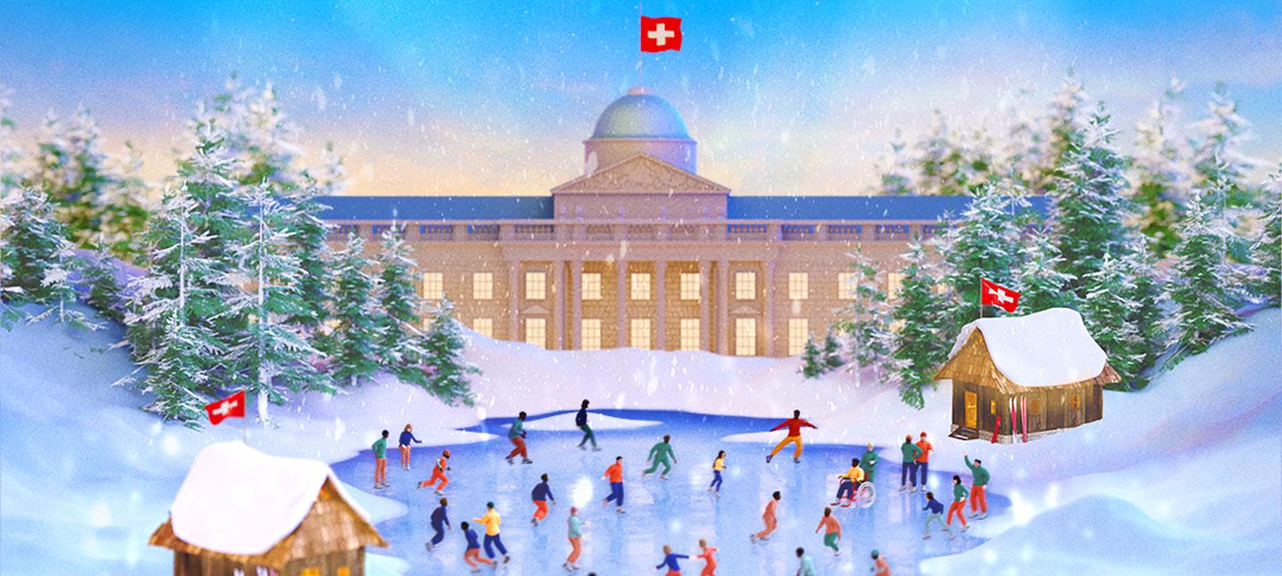 A digital graphic illustration of people ice skating in front of Somerset House. The building has been transported to a uniquely Swiss environment, with clear blue skies and mountains in the background.