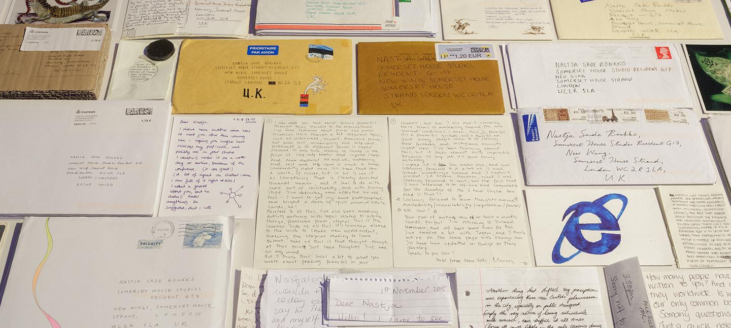Letters as envelopes sent to artist Nastja Säde Rönkkö on display in the 24/7 exhibition at Somerset House
