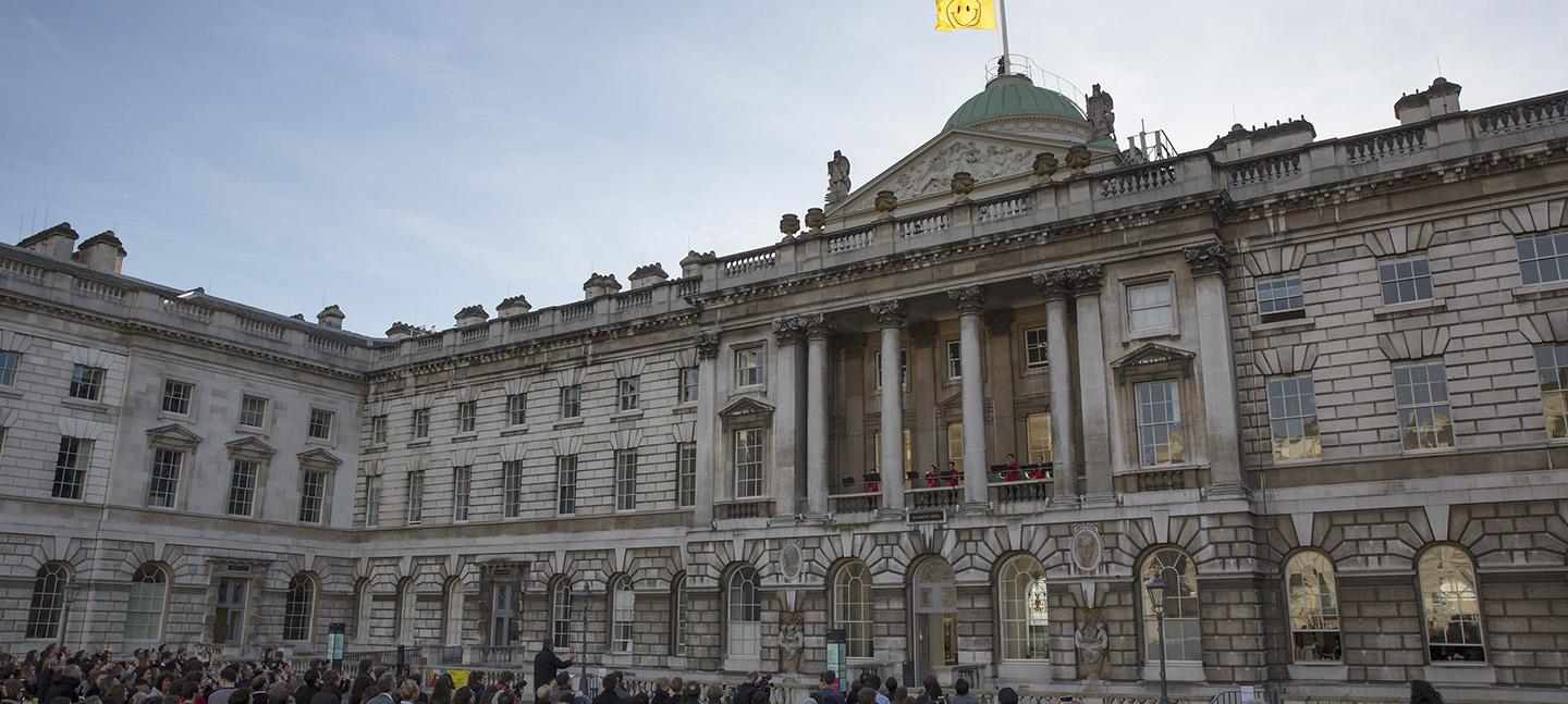 A flag designed by Jeremy Deller and Fraser Muggeridge studio is raised to the top of Somerset House as UTOPIA 2016 launches