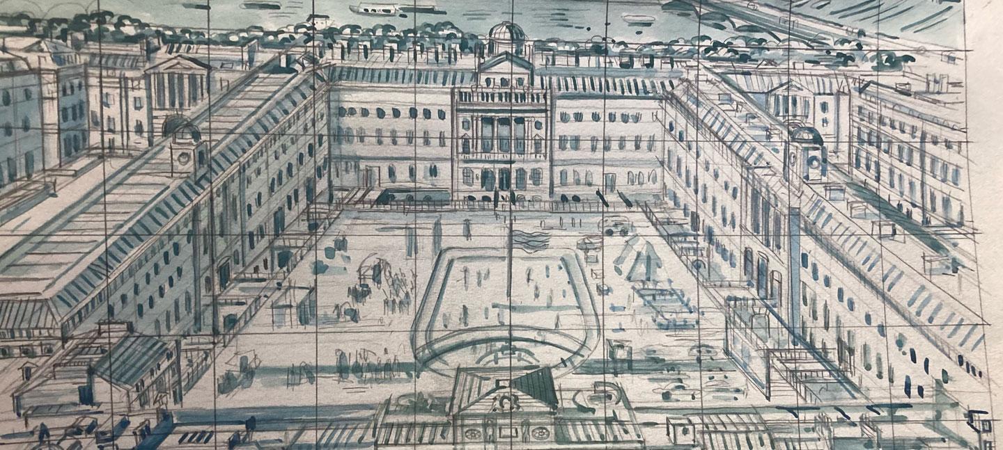 A preparatory working sketch by artist Adam Dant for his new print The Secret HIstory of Somerset House 