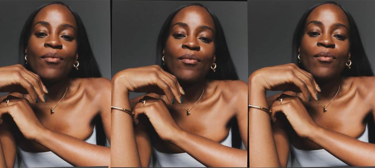 3 repeating images of a headshot of curator Aindrea Emelife. Aindrea is a Black woman with long black hair, wearing earrings and necklace and a white top. She is looking directly at the camera, which is angled up toward her.
