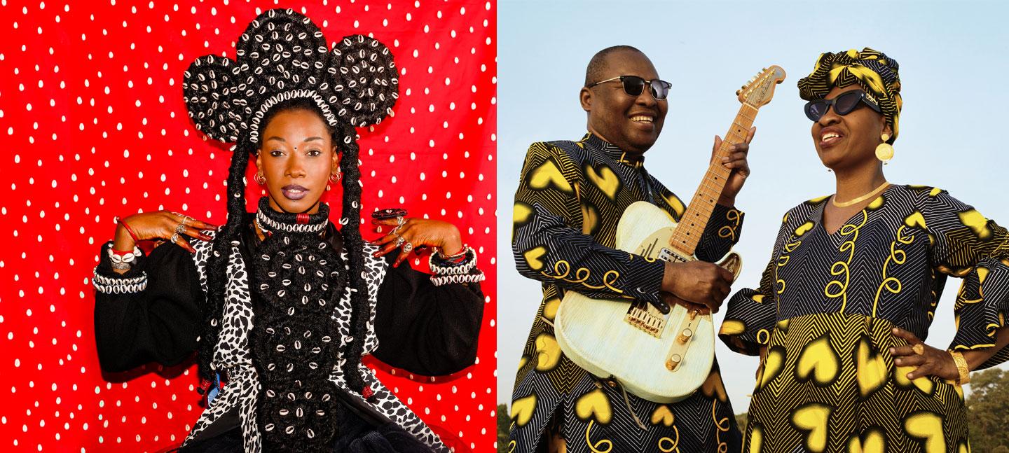 Portraits of the Malian musicians Fatoumata Diawara and on the right Amadou & Mariam