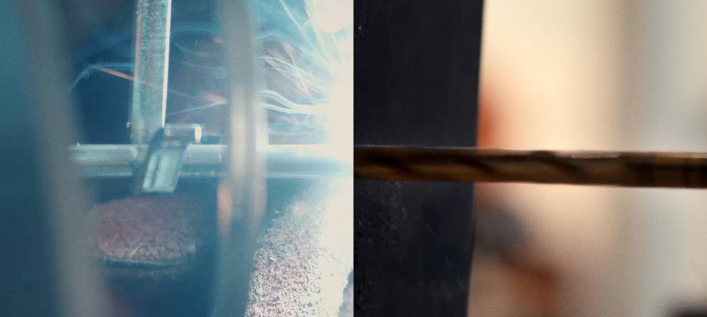 Two different shots pieced together side by side. On the right hand side is a drill bit going into hard and dark surface. On the left is another tool, matching perfectly with the drill bit. From the tool are sparks of light and movement.