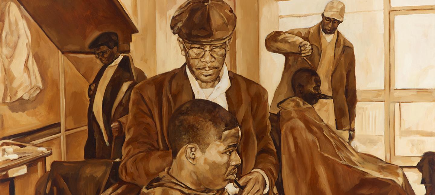 A painting by Barbara Walker showing Black men in a barber shop.