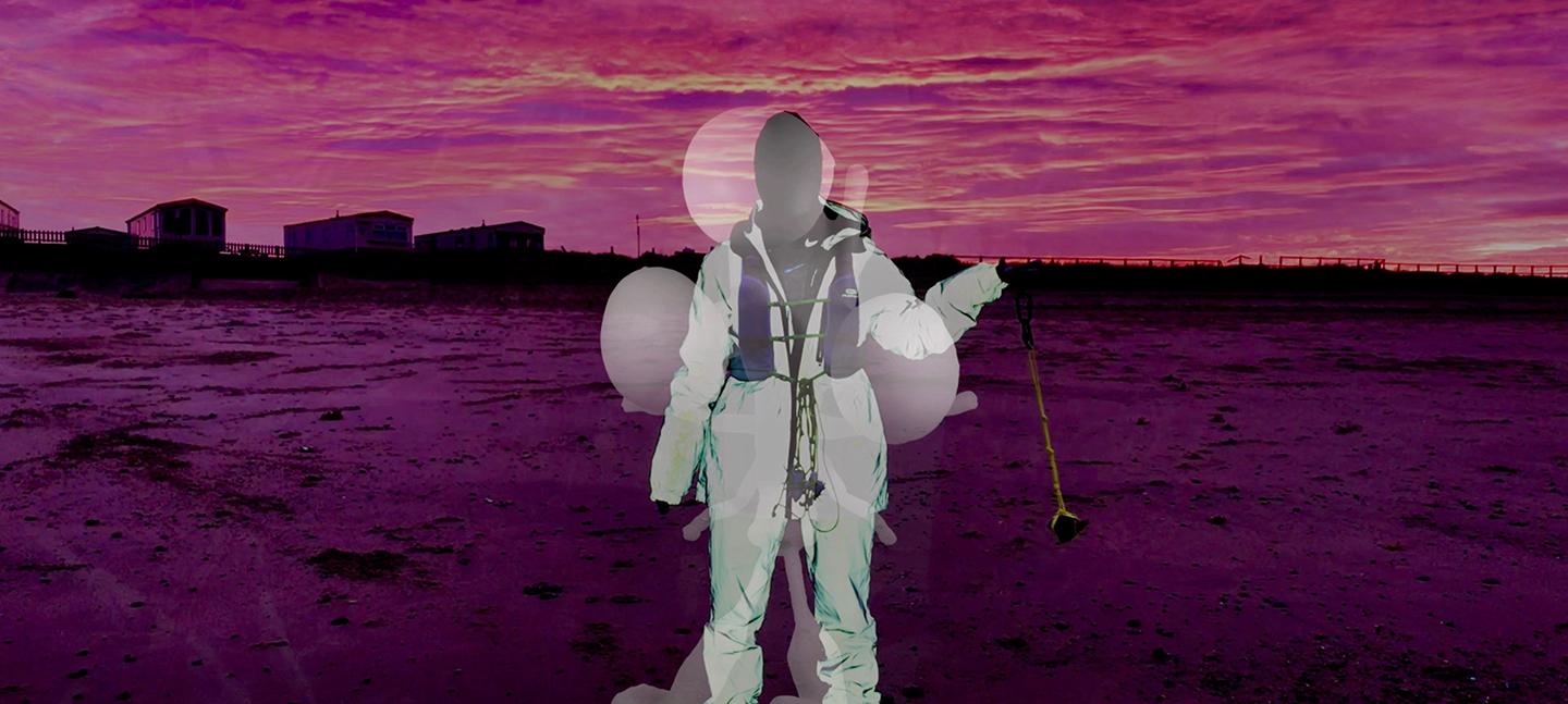 A digital rendering of a landscape with a man stood on a beach, with pink skies