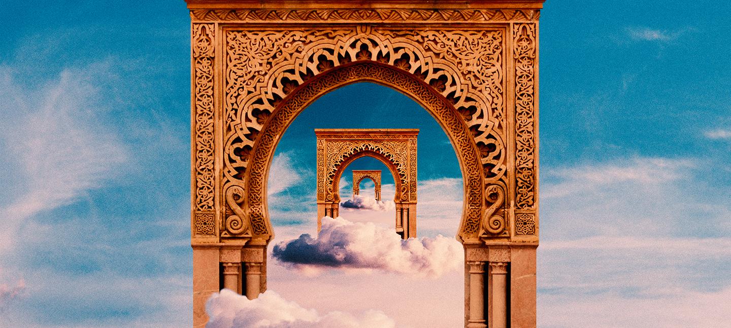 An intricately carved doorway is sar in fluffy white clouds against a blue sky. At the centre of the archway is another, smaller intricately carved doorway. This pattern repeats a third time.