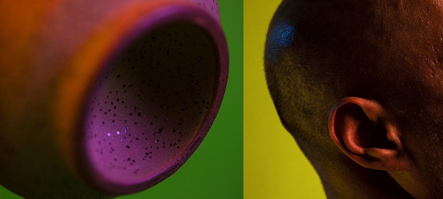 An artwork by Ilona Sagar, that shows two images on stylised, coloured backgrounds. On the left hand image is a purple concave shaped with darker purple dots on it. On the right handside is a profile view of a shaved head, with stubbled hair and an ear