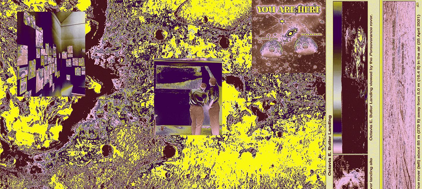 A  yellow and magenta graphic of abstract patterns, with images overlaid. In these images are a wall covered in pictures, two people looking at a map and a poster of a galaxy which says YOU ARE HERE