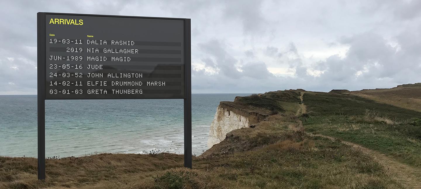 An artist's impression of the Arrivals board on a clifftop