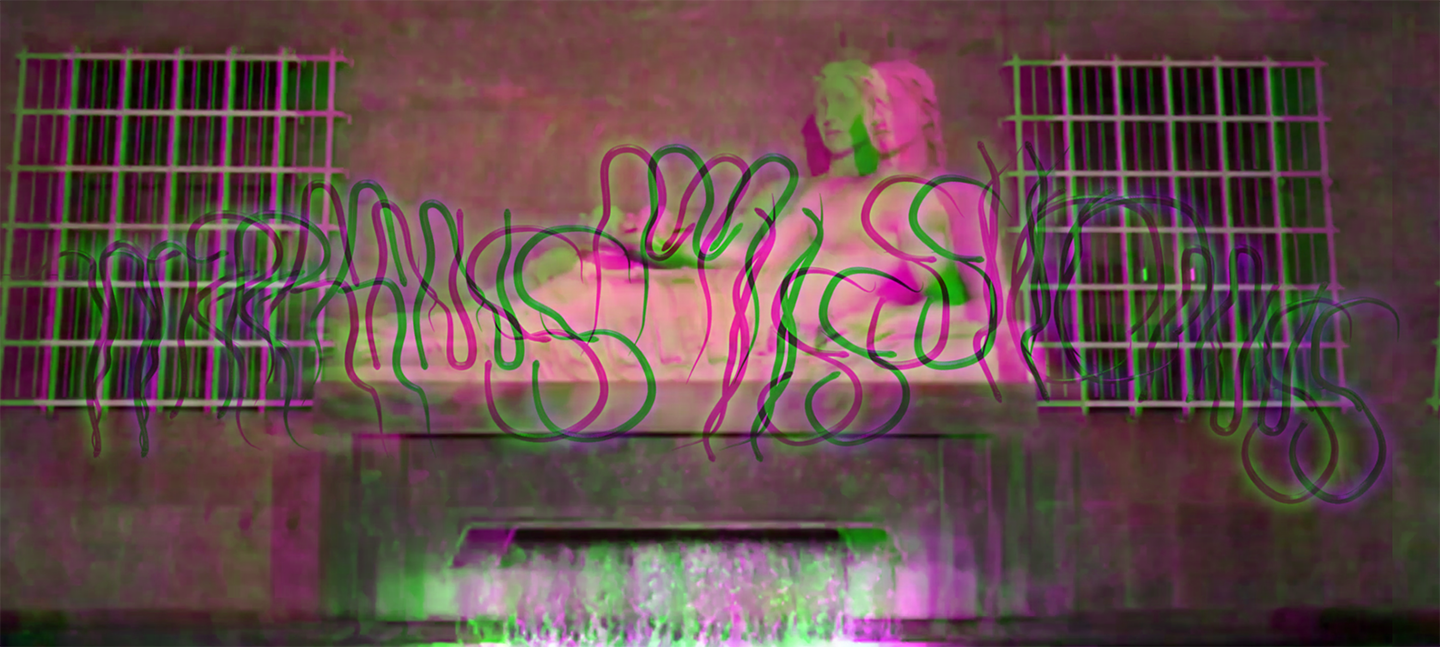 Photo of a statue of a reclining figure with a digital glitch  and the word 'Transmissions ' overlaid