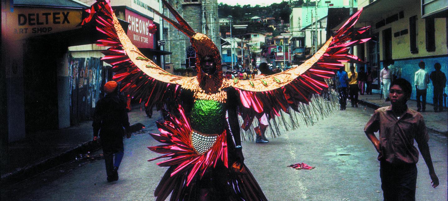 Horace Ové photograph of Trinidad Carnival showing a reveller in an elaborate bird suit